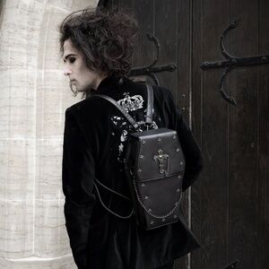 GothX  Coffin Backpack Black Cross Vega Leather Silver Detailing Removable strap